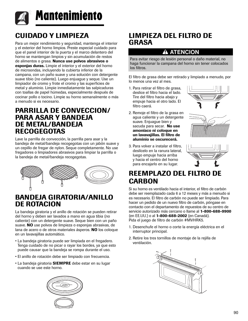 Mantenimiento, Cuidado y limpieza, Bandeja giratoria/anillo de rotacion | Limpieza del filtro de grasa, Reemplazo del filtro de carbon | Maytag MMV6178AAB User Manual | Page 91 / 96