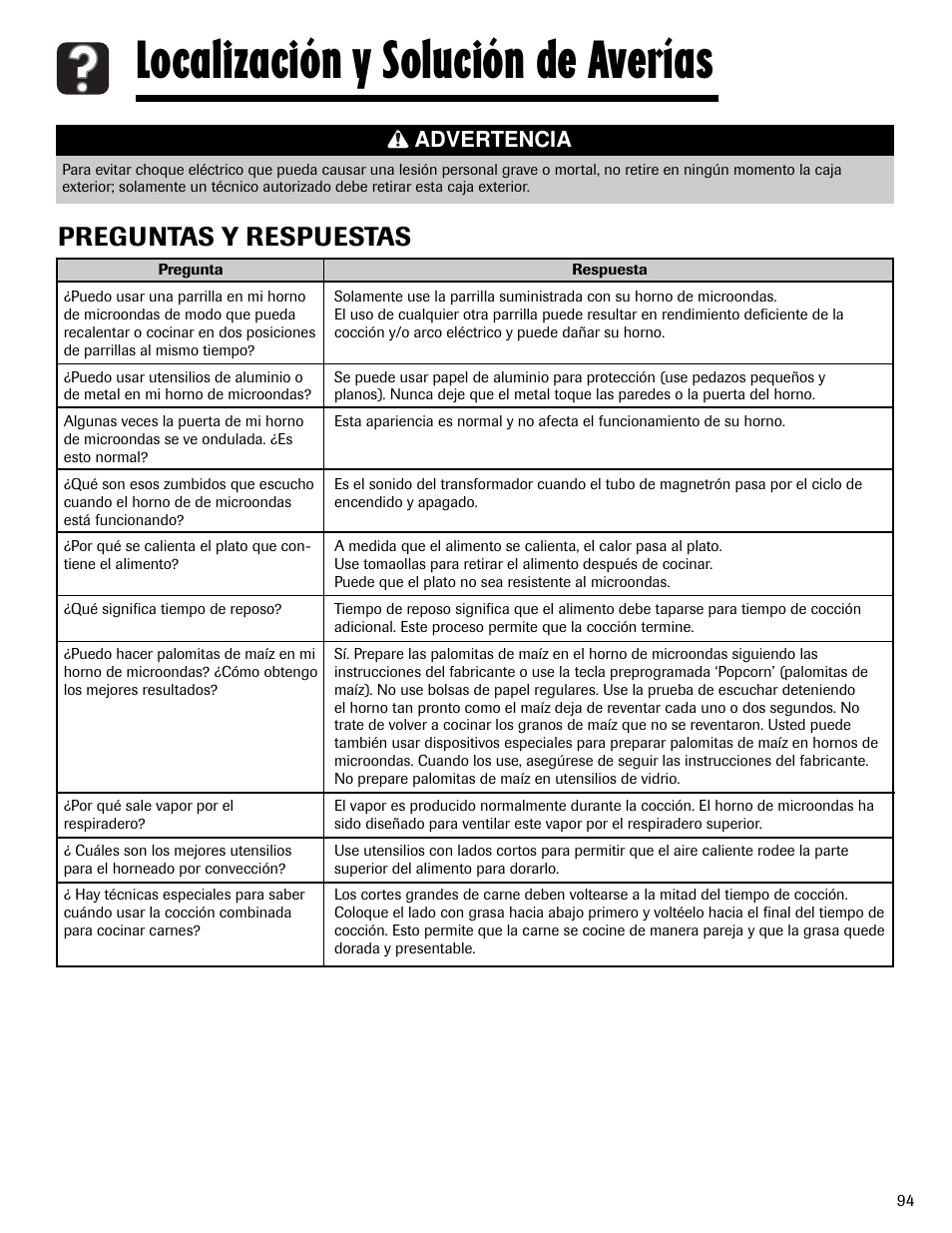 Localización y solución de averías, Preguntas y respuestas, Advertencia | Maytag MMV6178AAB User Manual | Page 95 / 96