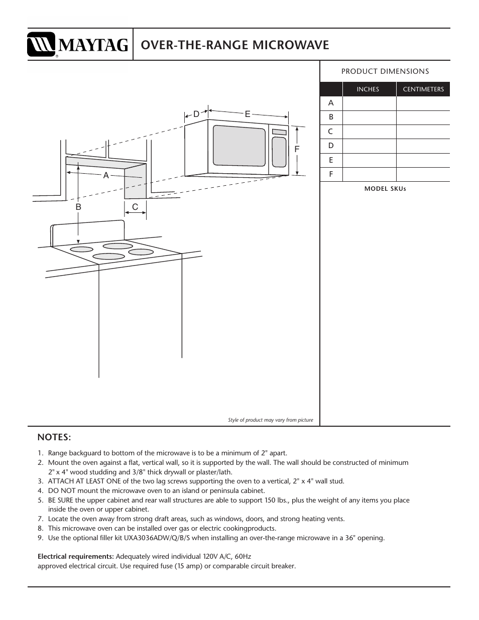 Maytag MMV1153BAB Dimension Guide User Manual | 1 page