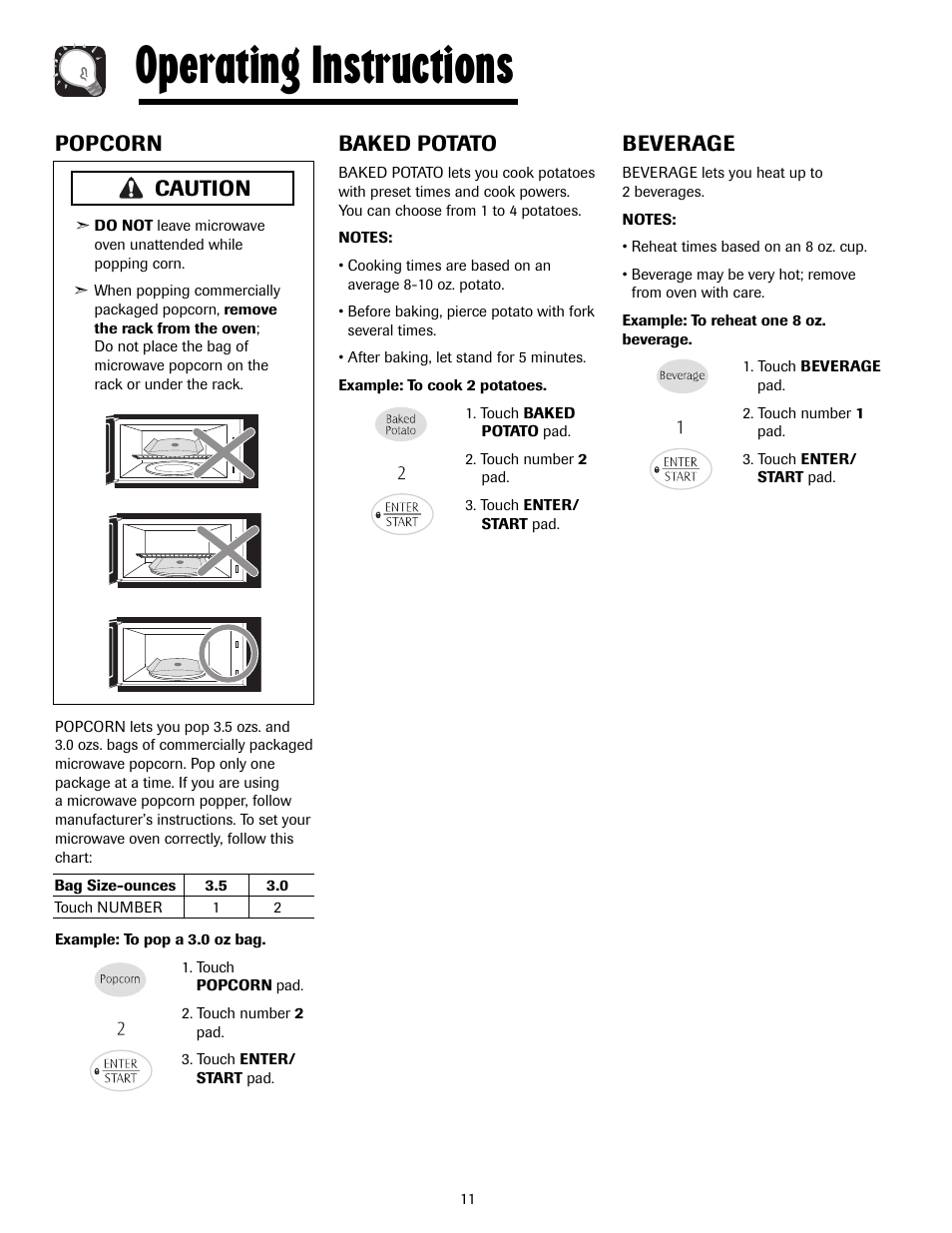 Operating instructions, Popcorn, Beverage | Baked potato, Caution | Maytag MMV4205AAQ User Manual | Page 11 / 84