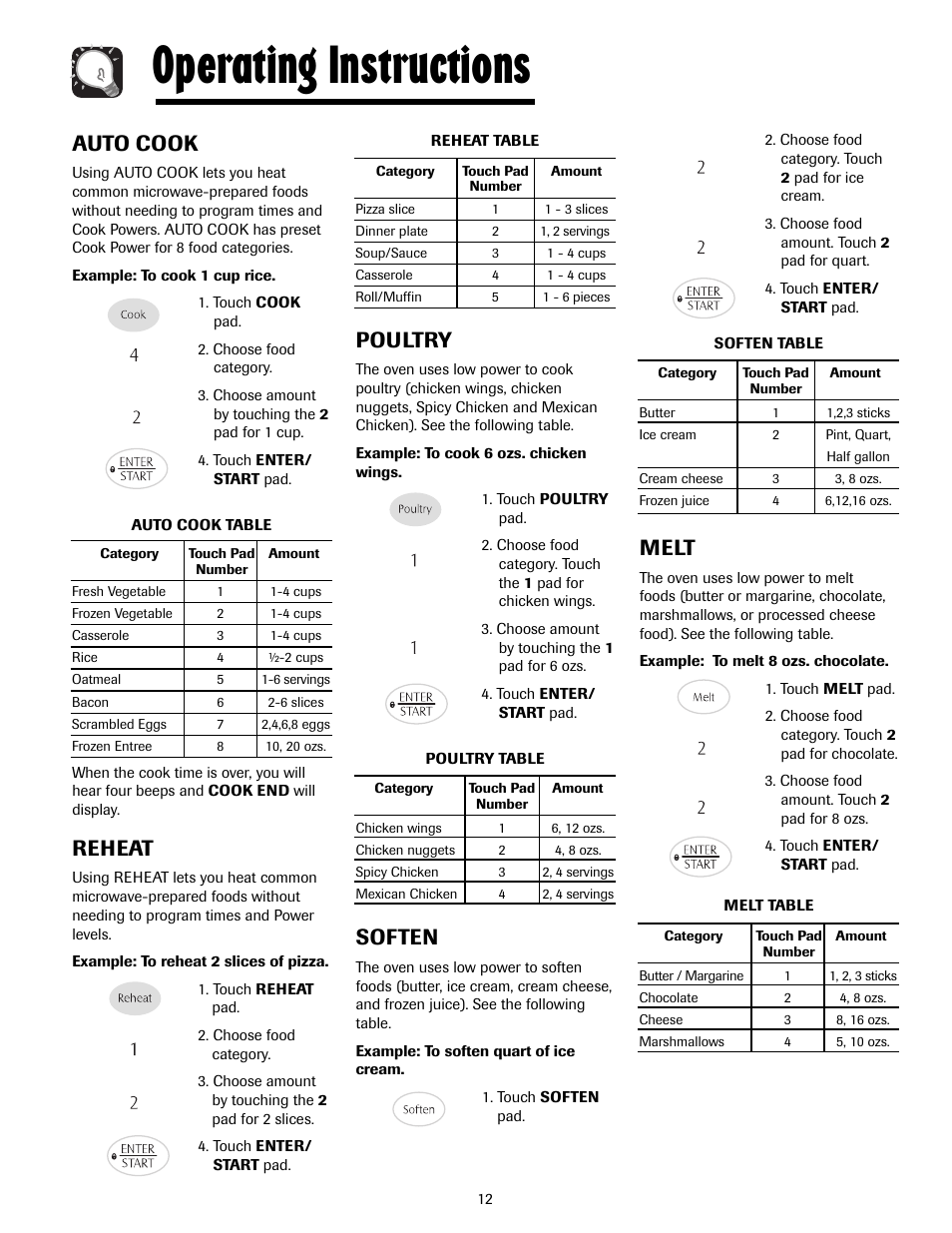 Operating instructions, Auto cook, Reheat | Poultry, Soften, Melt | Maytag MMV4205AAQ User Manual | Page 12 / 84