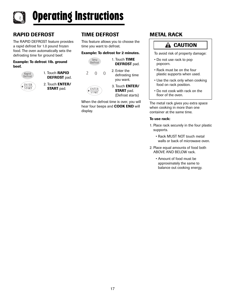 Operating instructions, Rapid defrost, Time defrost | Metal rack, Caution | Maytag MMV4205AAQ User Manual | Page 17 / 84