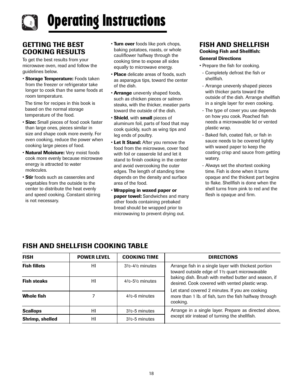 Operating instructions, Getting the best cooking results, Fish and shellfish | Fish and shellfish cooking table | Maytag MMV4205AAQ User Manual | Page 18 / 84