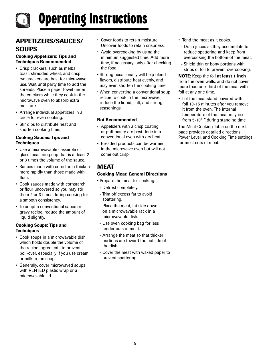 Operating instructions, Appetizers/sauces/ soups, Meat | Maytag MMV4205AAQ User Manual | Page 19 / 84