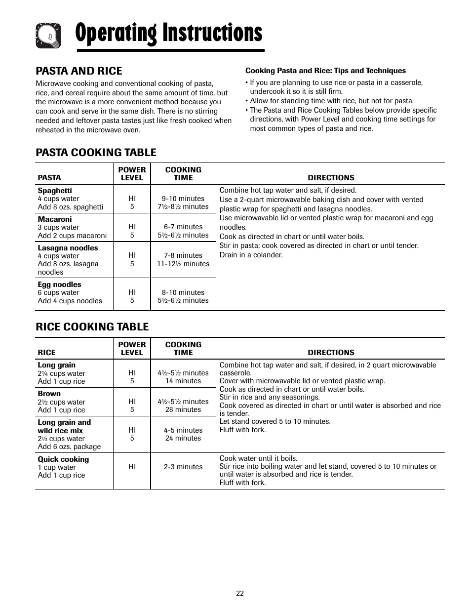 Operating instructions, Pasta and rice, Pasta cooking table | Rice cooking table | Maytag MMV4205AAQ User Manual | Page 22 / 84