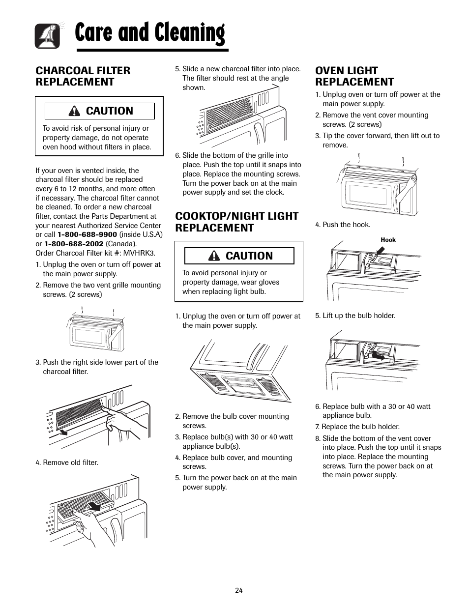 Care and cleaning, Charcoal filter replacement, Cooktop/night light replacement | Oven light replacement, Caution | Maytag MMV4205AAQ User Manual | Page 24 / 84