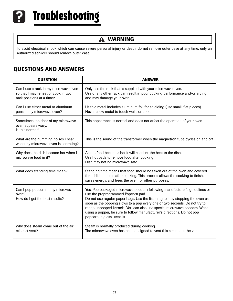 Troubleshooting, Questions and answers, Warning | Maytag MMV4205AAQ User Manual | Page 27 / 84