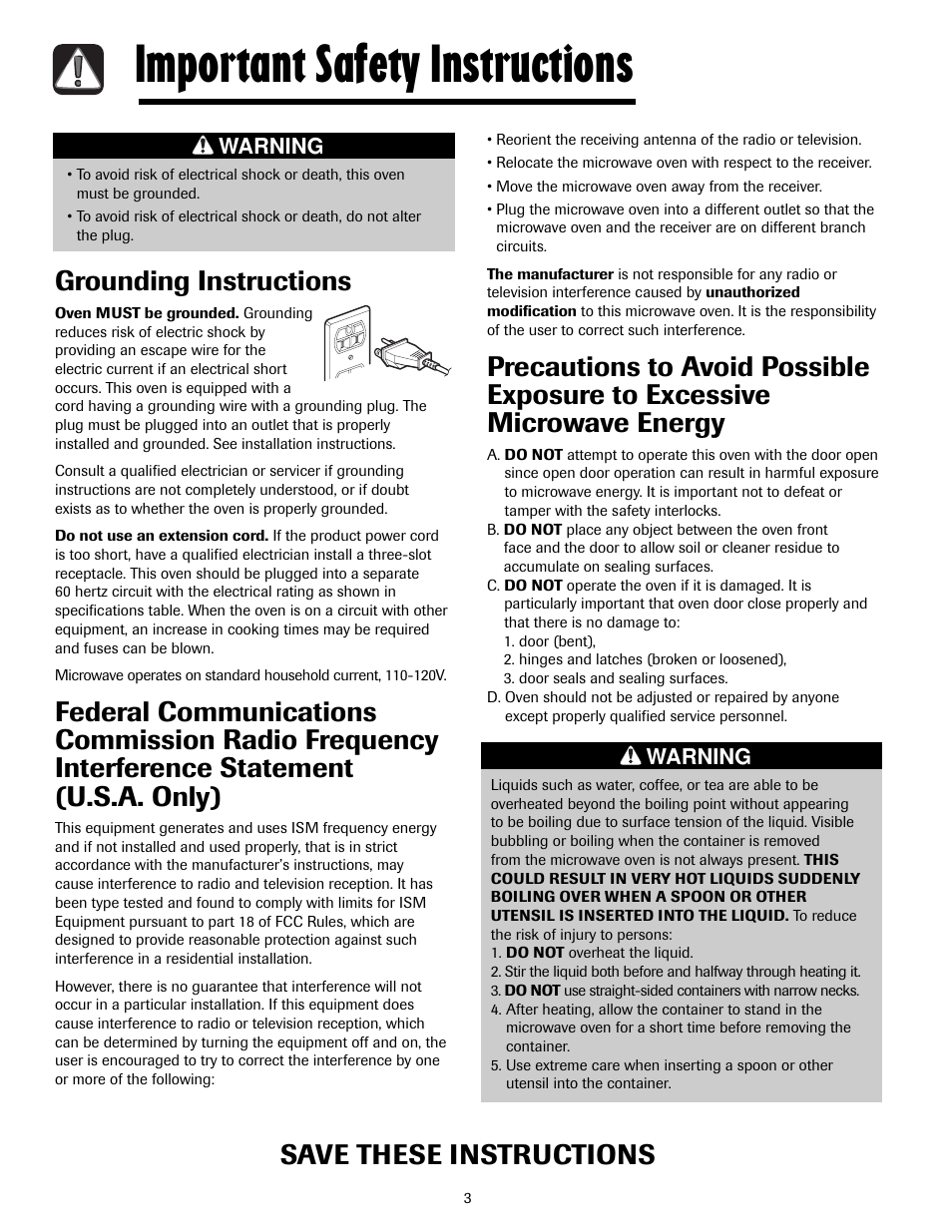 Important safety instructions, Grounding instructions, Save these instructions | Maytag MMV4205AAQ User Manual | Page 3 / 84