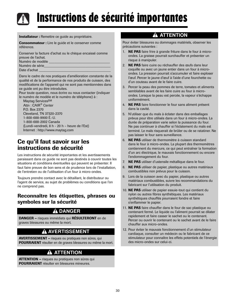 Instructions de sécurité importantes, Danger, Avertissement | Attention | Maytag MMV4205AAQ User Manual | Page 30 / 84