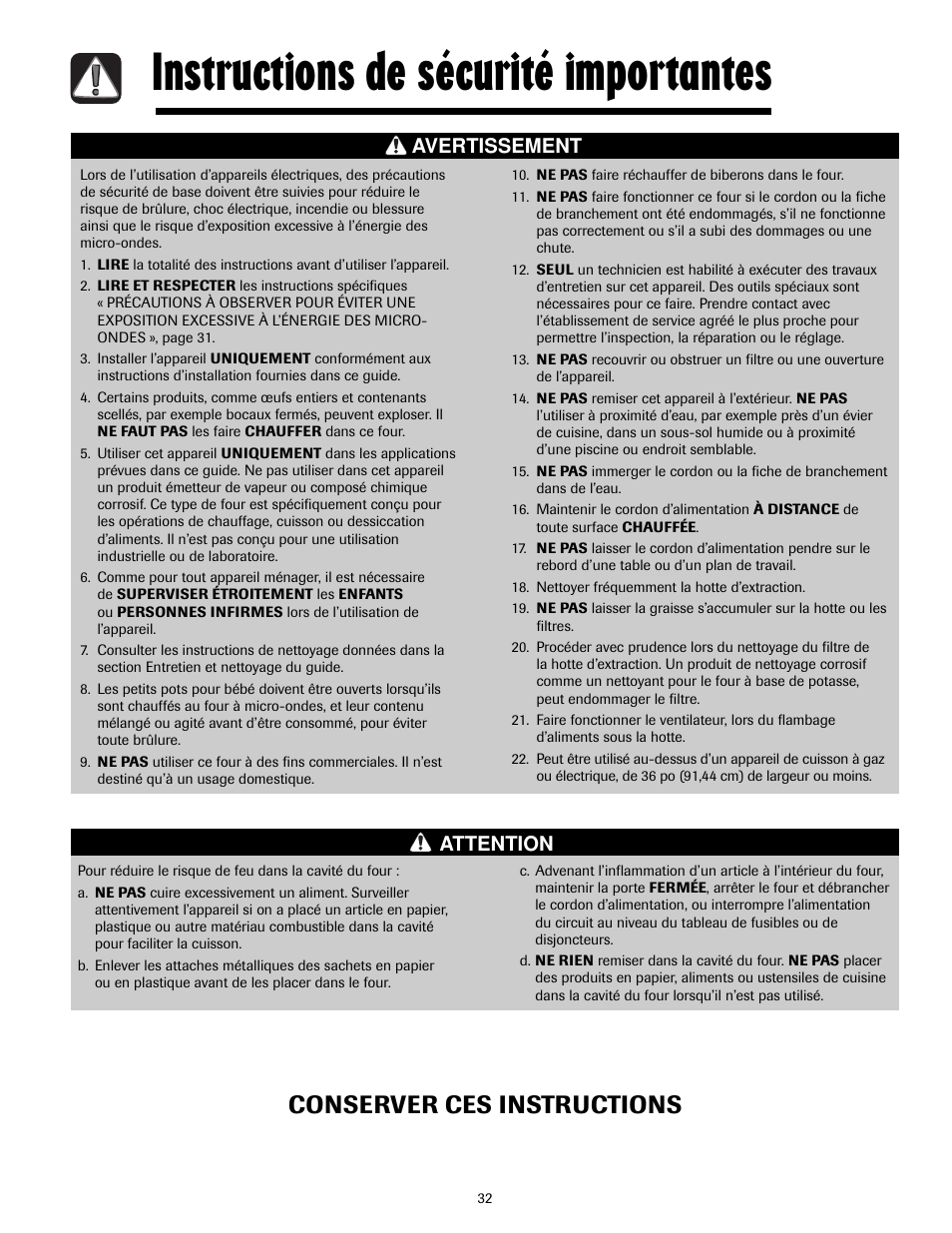 Instructions de sécurité importantes, Conserver ces instructions, Avertissement attention | Maytag MMV4205AAQ User Manual | Page 32 / 84