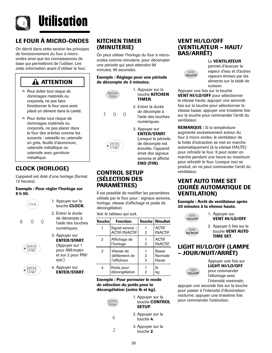 Utilisation, Le four à micro-ondes, Clock (horloge) | Kitchen timer (minuterie), Control setup (sélection des paramètres), Vent hi/lo/off (ventilateur – haut/ bas/arrêt), Light hi/lo/off (lampe – jour/nuit/arrêt), Attention | Maytag MMV4205AAQ User Manual | Page 35 / 84