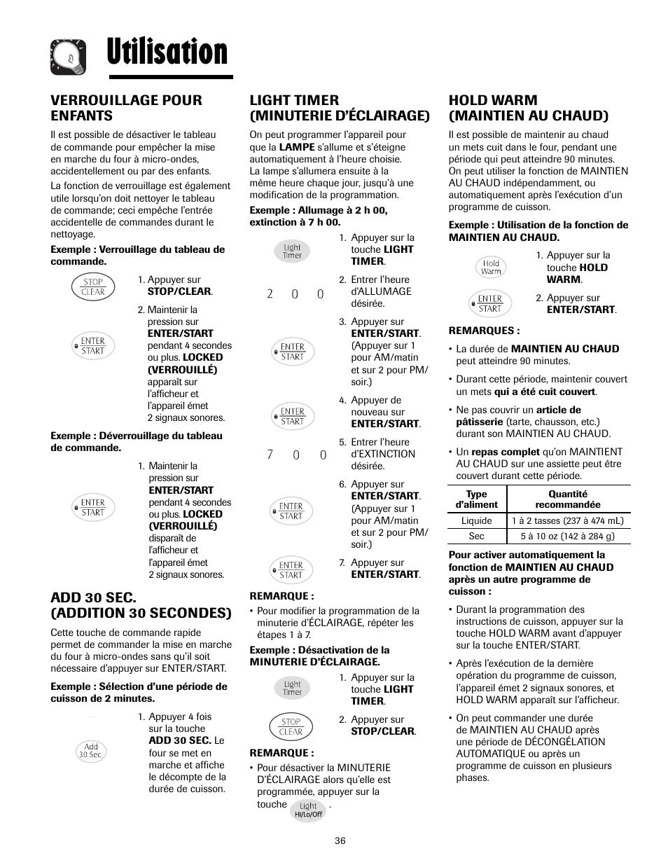 Utilisation, Verrouillage pour enfants, Add 30 sec. (addition 30 secondes) | Light timer (minuterie d’éclairage), Hold warm (maintien au chaud) | Maytag MMV4205AAQ User Manual | Page 36 / 84