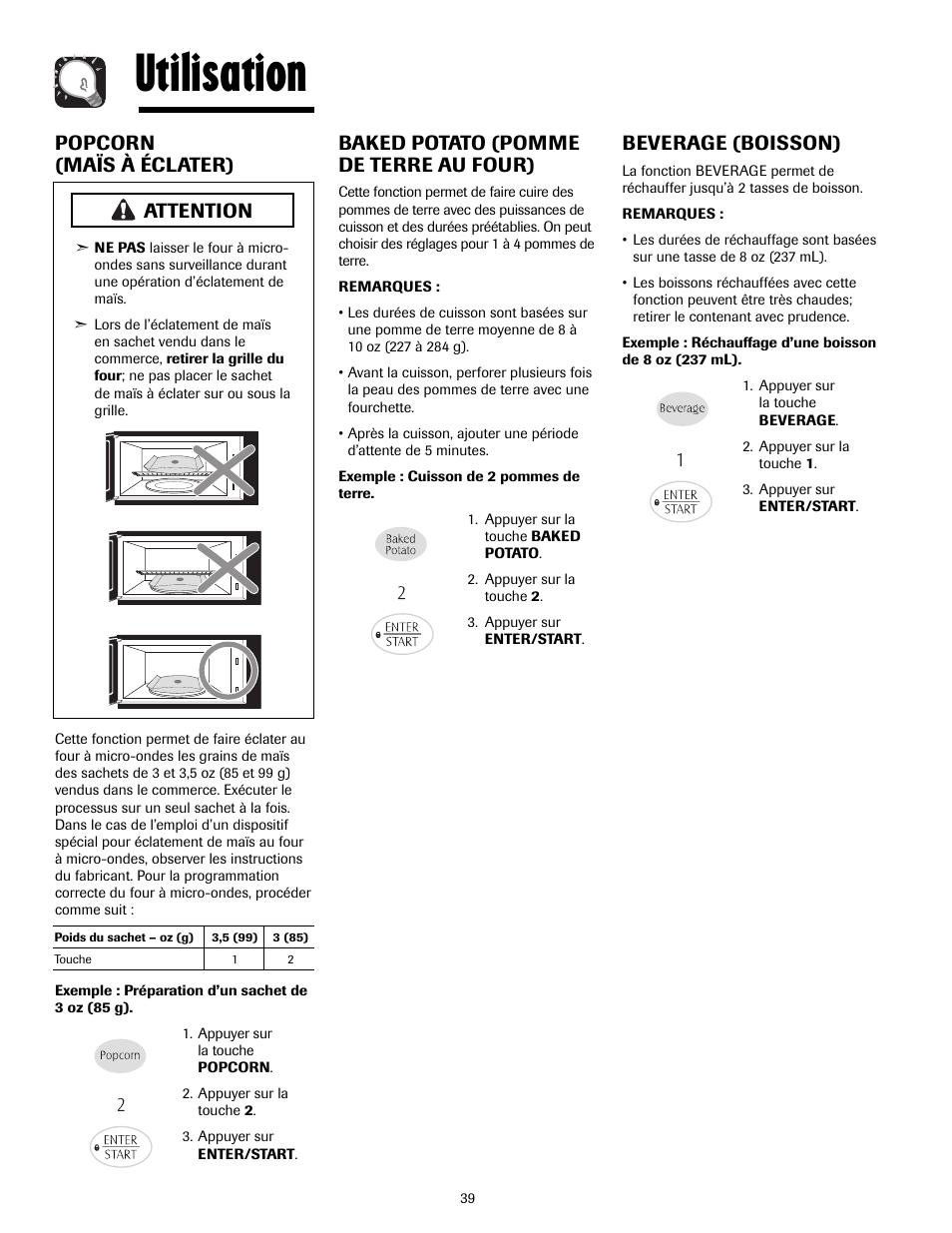 Utilisation, Popcorn (maïs à éclater), Beverage (boisson) | Baked potato (pomme de terre au four), Attention | Maytag MMV4205AAQ User Manual | Page 39 / 84