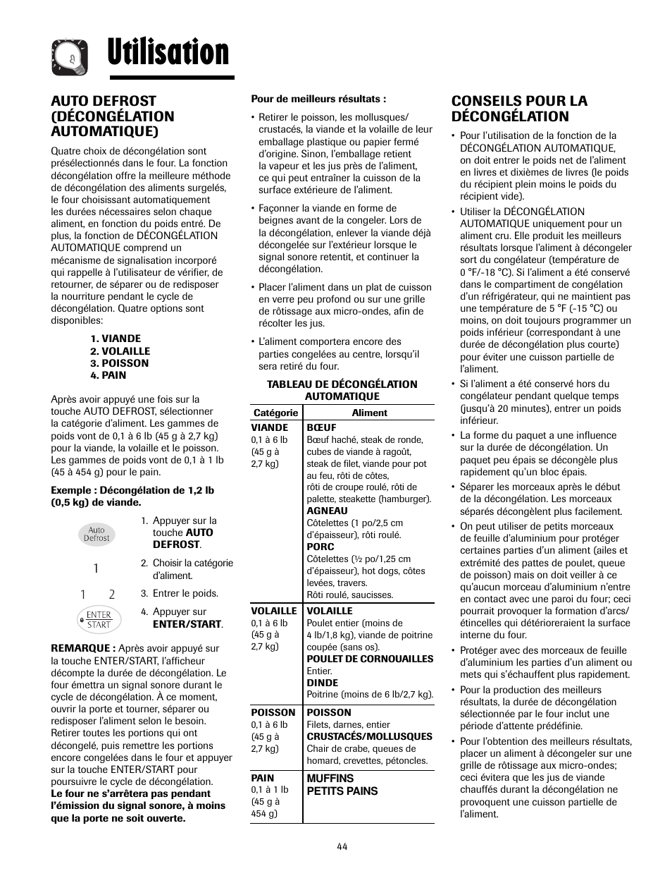 Utilisation, Auto defrost (décongélation automatique), Conseils pour la décongélation | Maytag MMV4205AAQ User Manual | Page 44 / 84