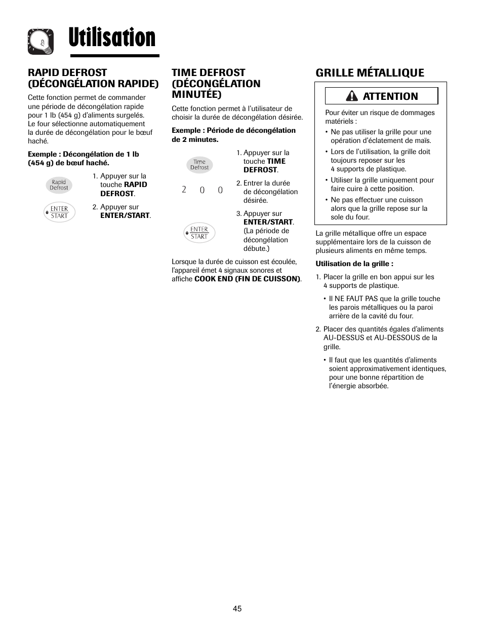 Utilisation, Grille métallique, Rapid defrost (décongélation rapide) | Time defrost (décongélation minutée), Attention | Maytag MMV4205AAQ User Manual | Page 45 / 84
