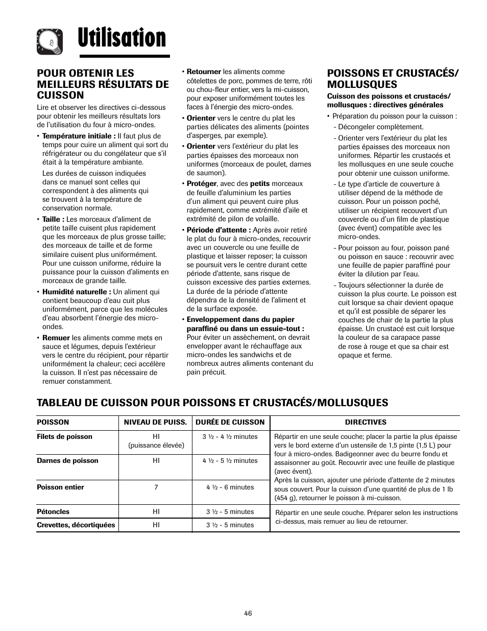 Utilisation, Pour obtenir les meilleurs résultats de cuisson, Poissons et crustacés/ mollusques | Maytag MMV4205AAQ User Manual | Page 46 / 84