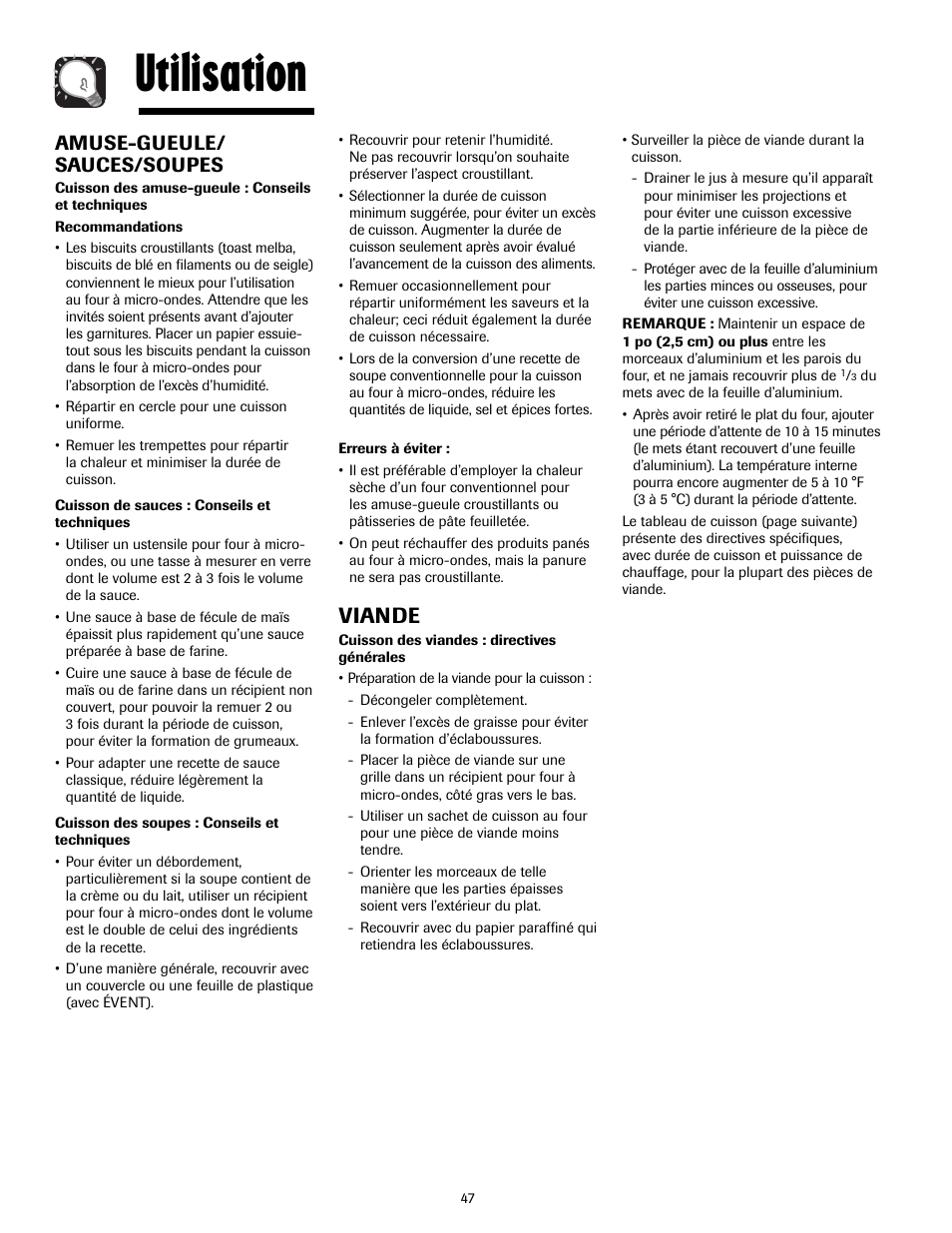 Utilisation, Viande, Amuse-gueule/ sauces/soupes | Maytag MMV4205AAQ User Manual | Page 47 / 84