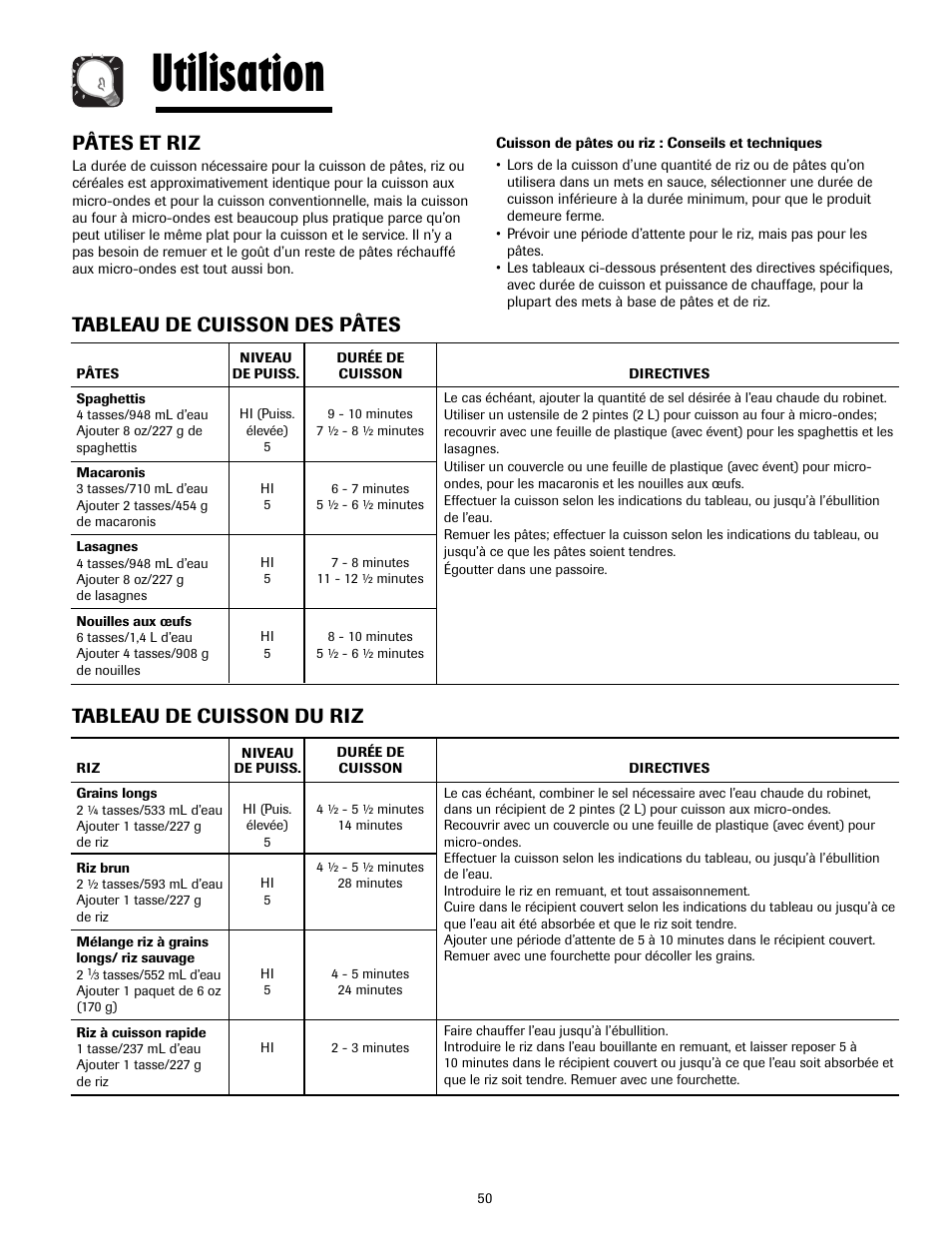 Utilisation, Pâtes et riz, Tableau de cuisson des pâtes | Tableau de cuisson du riz | Maytag MMV4205AAQ User Manual | Page 50 / 84