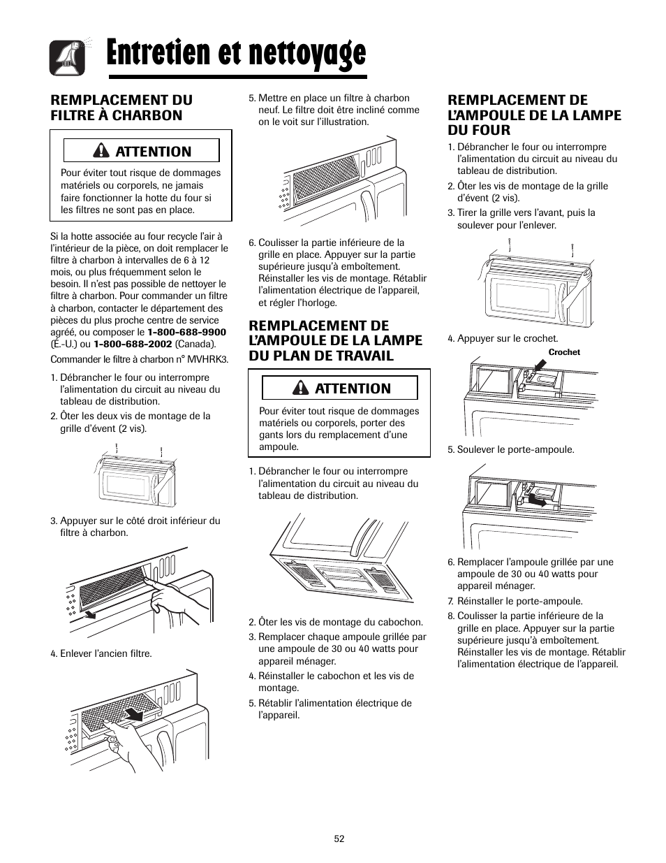 Entretien et nettoyage, Remplacement de l’ampoule de la lampe du four, Remplacement du filtre à charbon | Attention | Maytag MMV4205AAQ User Manual | Page 52 / 84