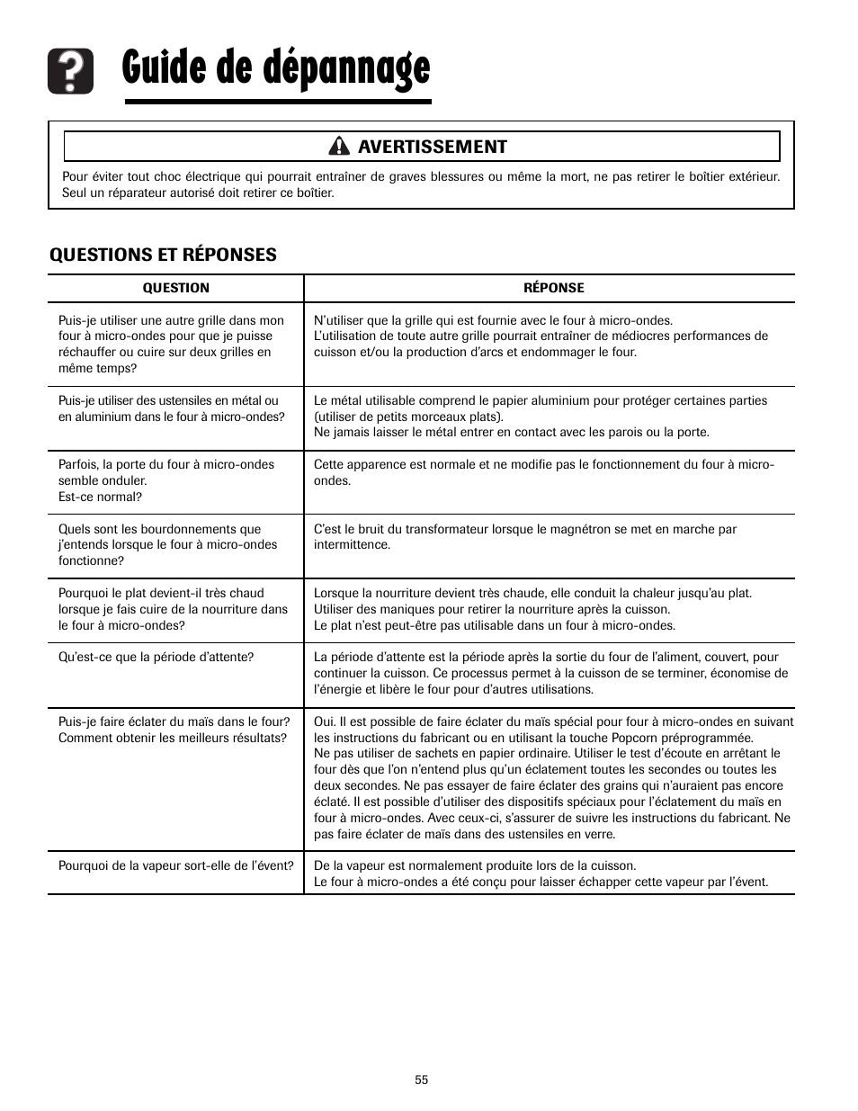 Guide de dépannage, Questions et réponses, Avertissement | Maytag MMV4205AAQ User Manual | Page 55 / 84