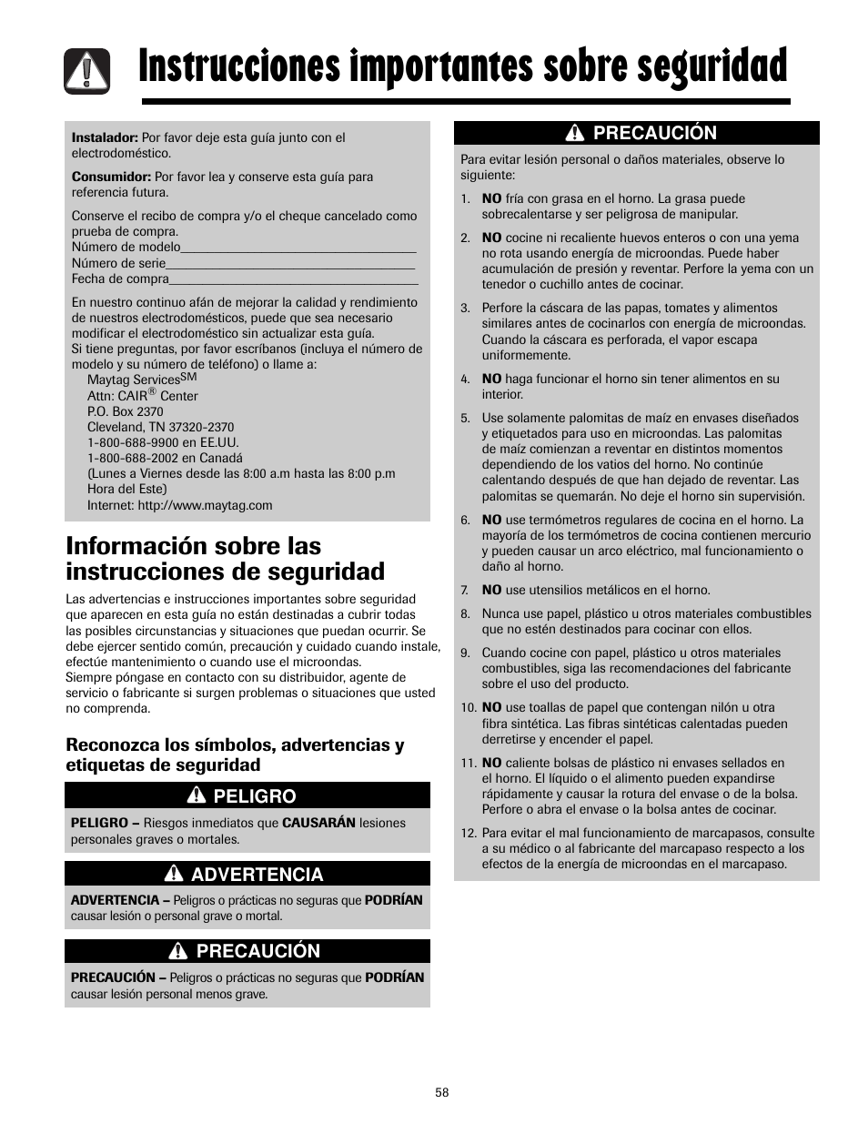 Instrucciones importantes sobre seguridad, Información sobre las instrucciones de seguridad, Peligro | Advertencia, Precaución | Maytag MMV4205AAQ User Manual | Page 58 / 84