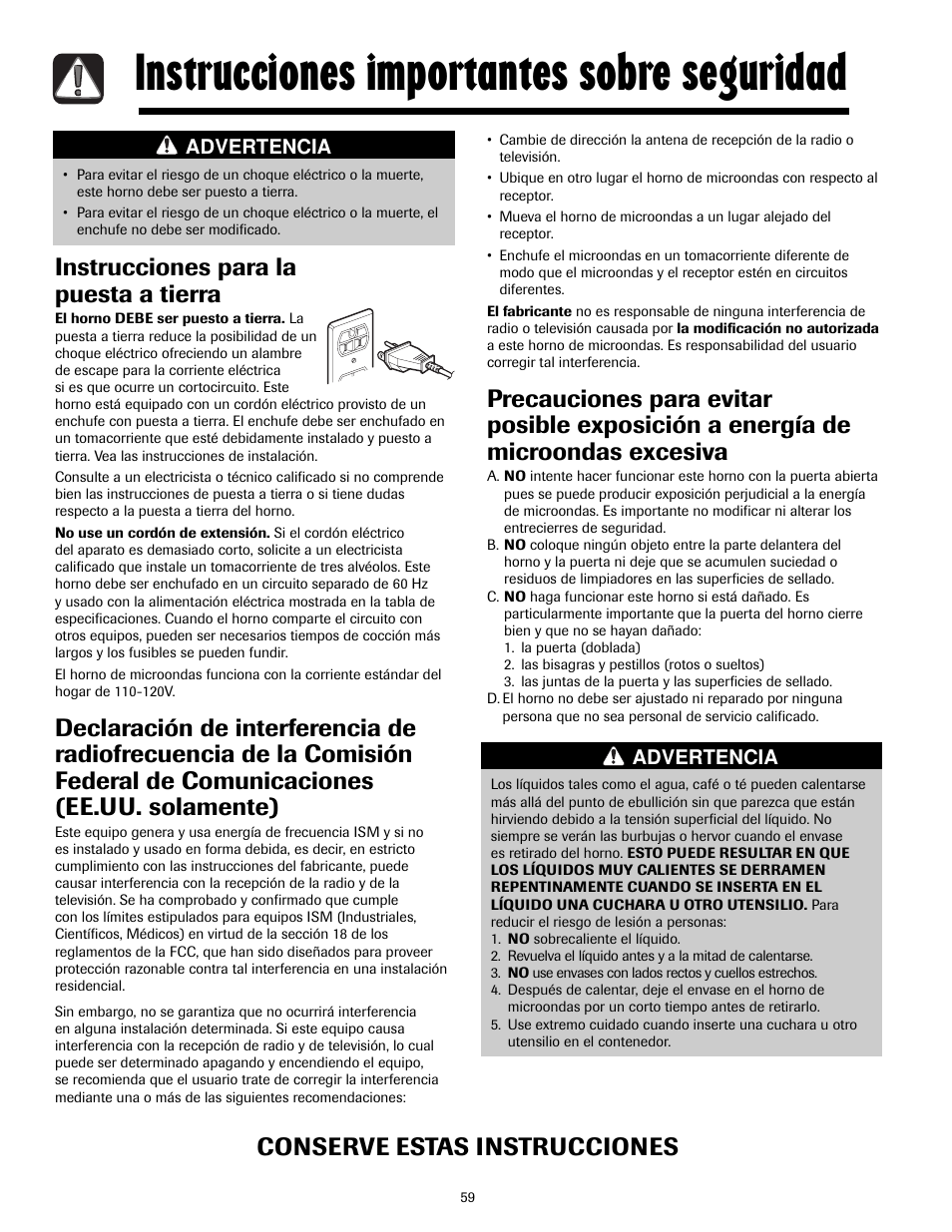 Instrucciones importantes sobre seguridad, Instrucciones para la puesta a tierra, Conserve estas instrucciones | Advertencia | Maytag MMV4205AAQ User Manual | Page 59 / 84