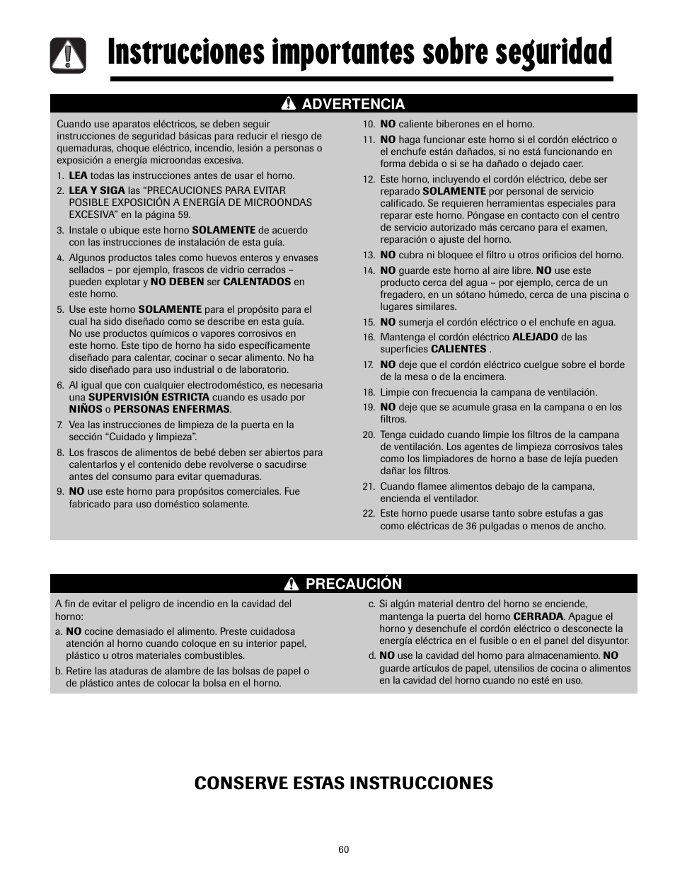 Instrucciones importantes sobre seguridad, Conserve estas instrucciones, Advertencia precaución | Maytag MMV4205AAQ User Manual | Page 60 / 84