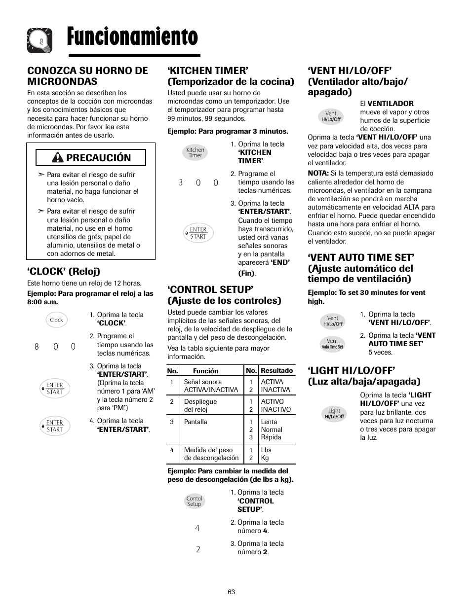 Funcionamiento, Conozca su horno de microondas, Clock’ (reloj) | Kitchen timer’ (temporizador de la cocina), Control setup’ (ajuste de los controles), Vent hi/lo/off’ (ventilador alto/bajo/ apagado), Light hi/lo/off’ (luz alta/baja/apagada), Precaución | Maytag MMV4205AAQ User Manual | Page 63 / 84