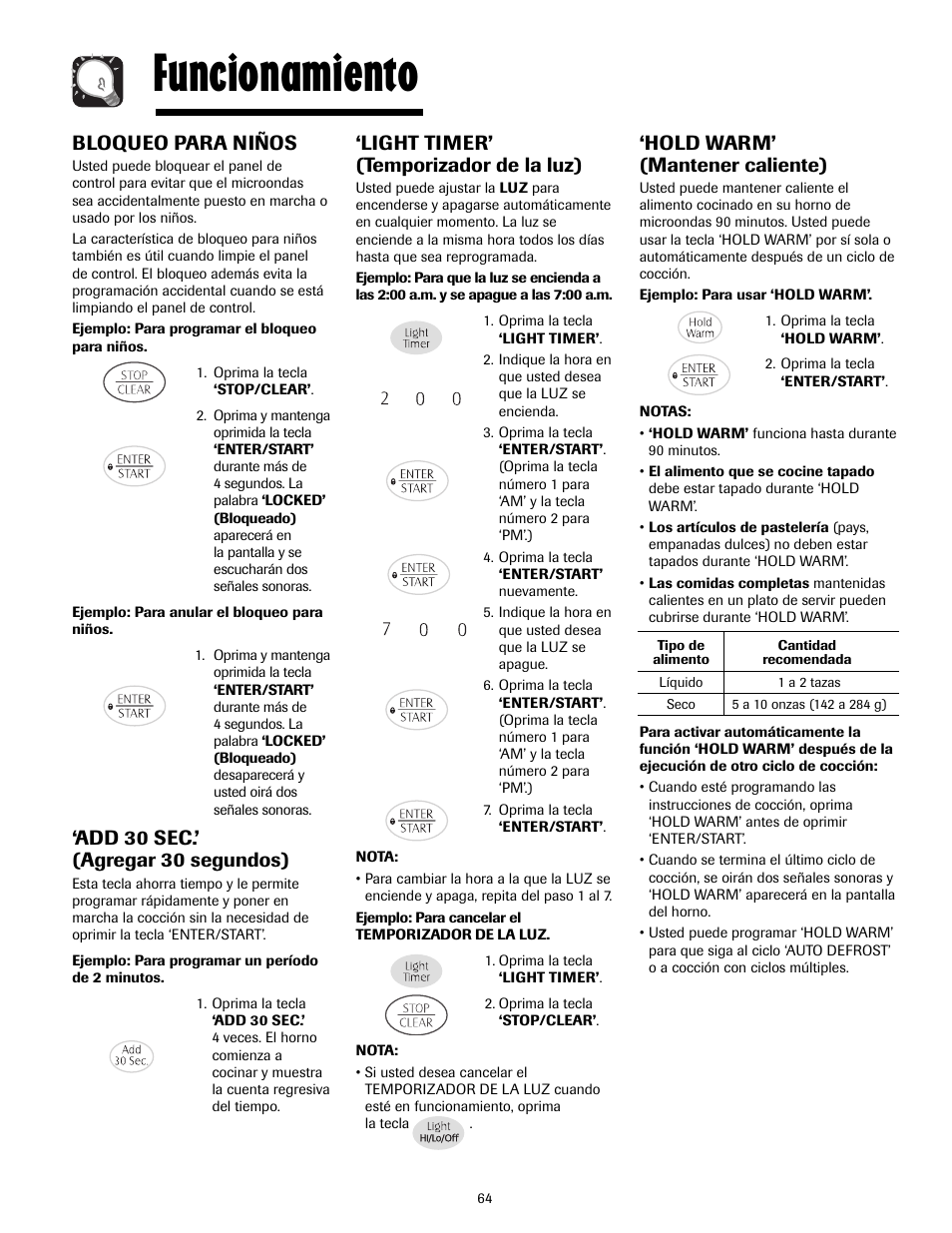 Funcionamiento, Bloqueo para niños, Add 30 sec.’ (agregar 30 segundos) | Light timer’ (temporizador de la luz), Hold warm’ (mantener caliente) | Maytag MMV4205AAQ User Manual | Page 64 / 84
