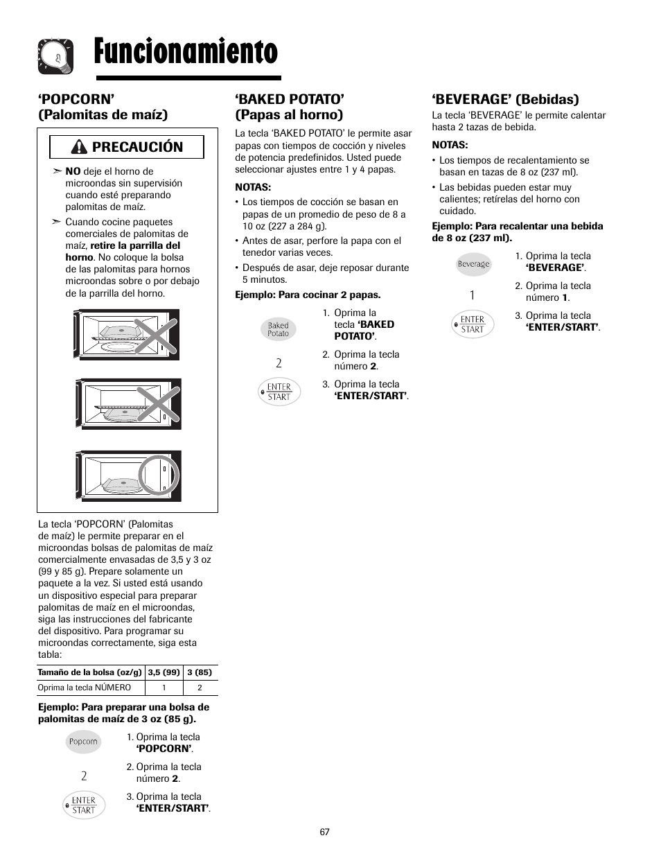 Funcionamiento, Popcorn’ (palomitas de maíz), Beverage’ (bebidas) | Baked potato’ (papas al horno), Precaución | Maytag MMV4205AAQ User Manual | Page 67 / 84