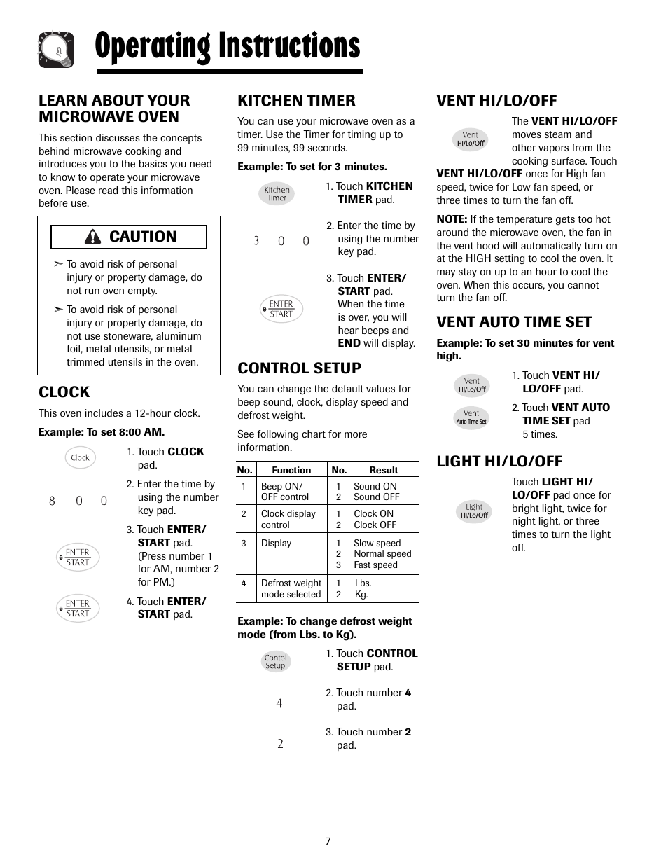 Operating instructions, Learn about your microwave oven, Clock | Kitchen timer, Control setup, Vent hi/lo/off, Vent auto time set, Light hi/lo/off, Caution | Maytag MMV4205AAQ User Manual | Page 7 / 84