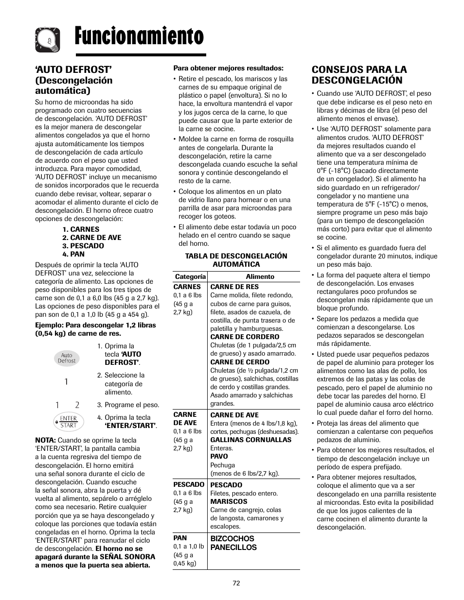 Funcionamiento, Auto defrost’ (descongelación automática), Consejos para la descongelación | Maytag MMV4205AAQ User Manual | Page 72 / 84