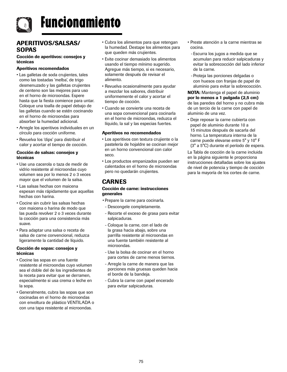 Funcionamiento, Aperitivos/salsas/ sopas, Carnes | Maytag MMV4205AAQ User Manual | Page 75 / 84