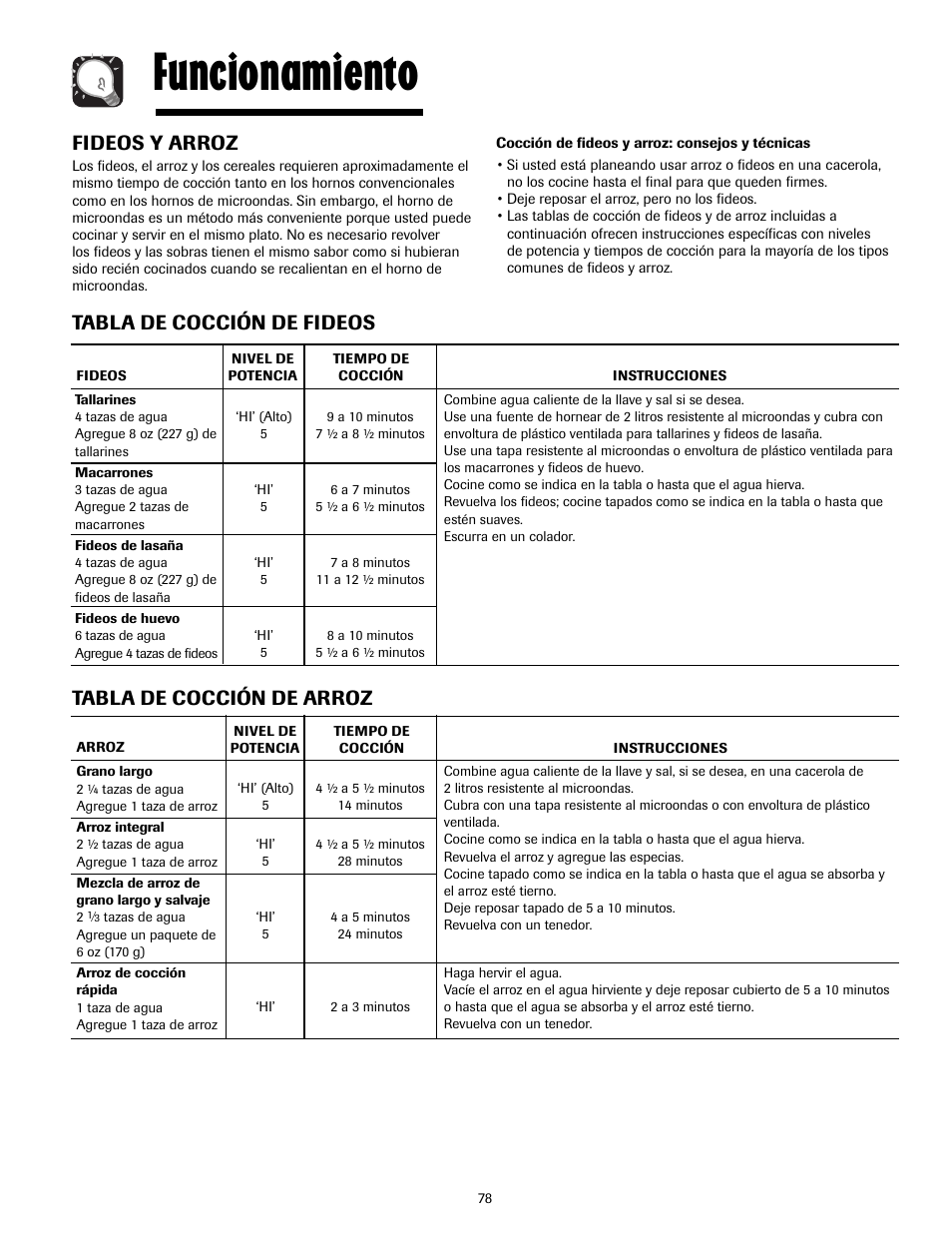 Funcionamiento, Fideos y arroz, Tabla de cocción de fideos | Tabla de cocción de arroz | Maytag MMV4205AAQ User Manual | Page 78 / 84