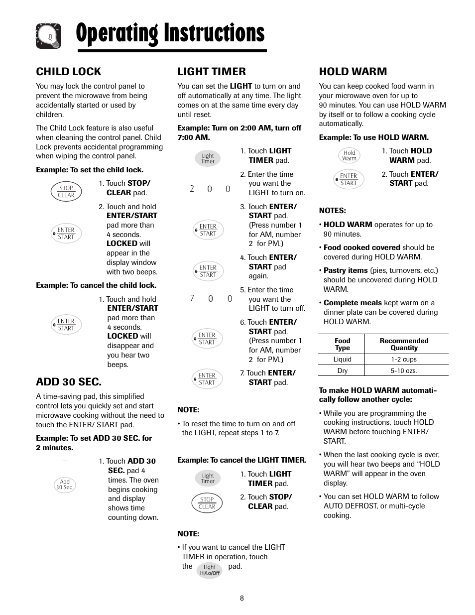 Operating instructions, Child lock, Add 30 sec | Light timer, Hold warm | Maytag MMV4205AAQ User Manual | Page 8 / 84