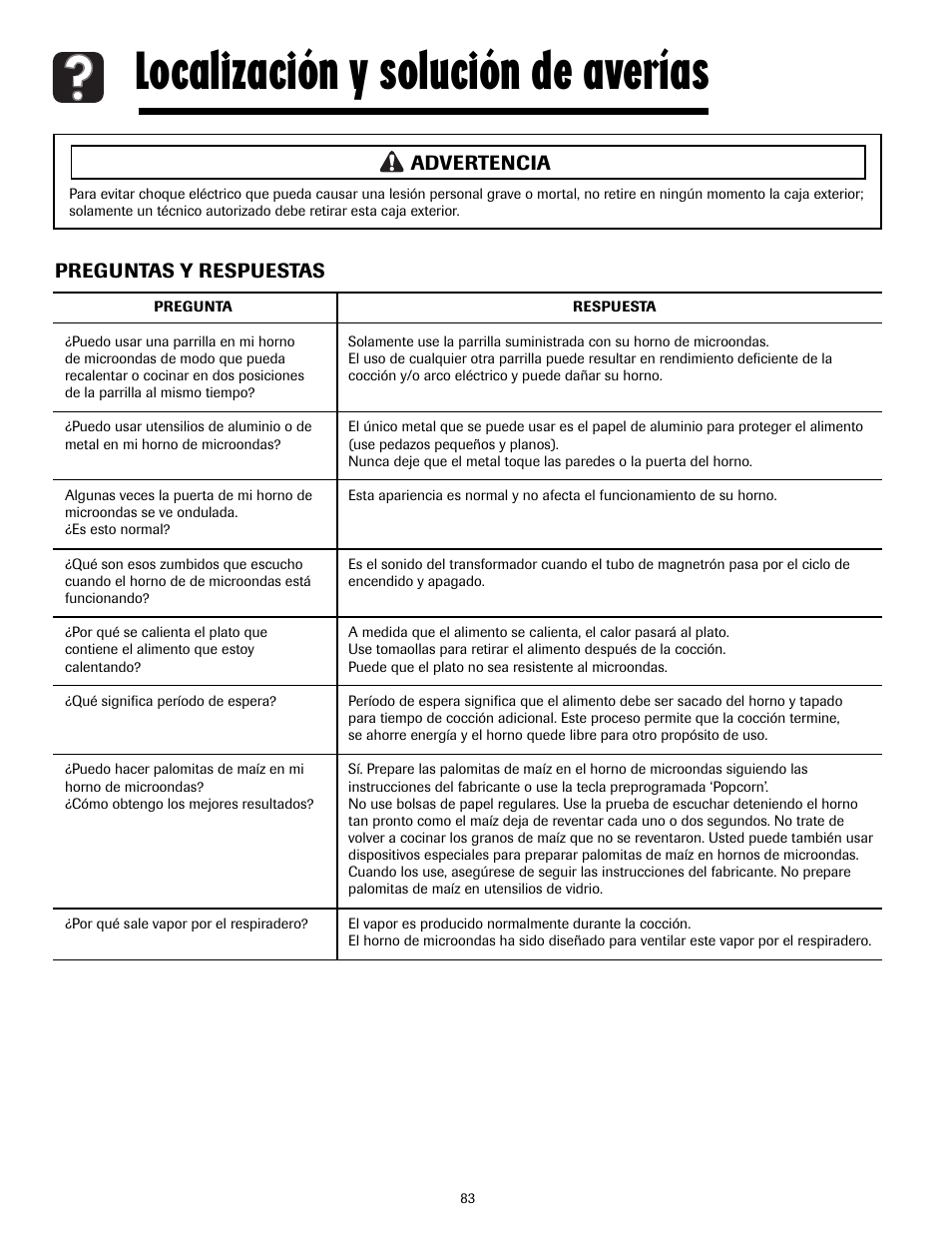 Localización y solución de averías, Preguntas y respuestas, Advertencia | Maytag MMV4205AAQ User Manual | Page 83 / 84