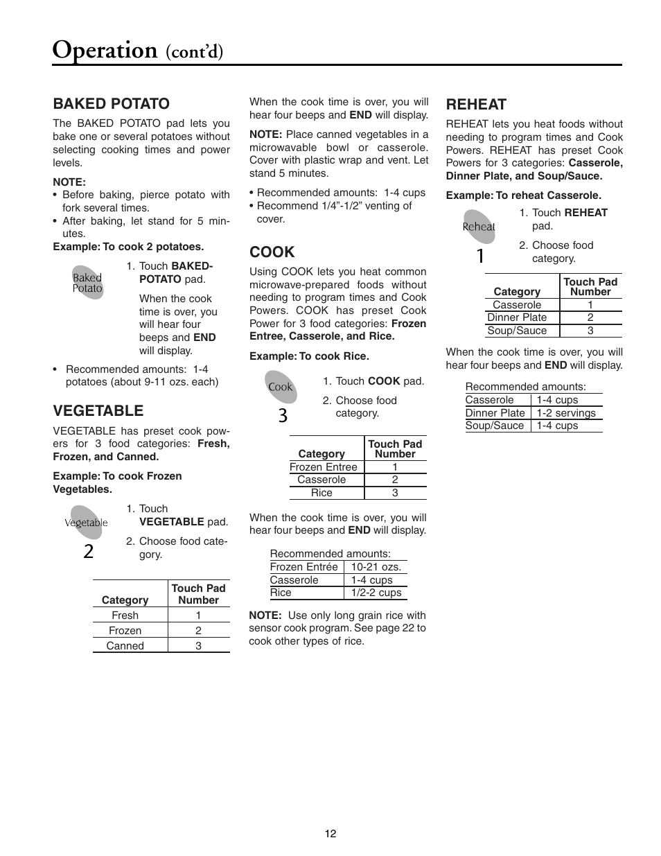 Operation, Cont’d), Cook | Reheat, Baked potato, Vegetable | Maytag MMV5156AAB User Manual | Page 12 / 84