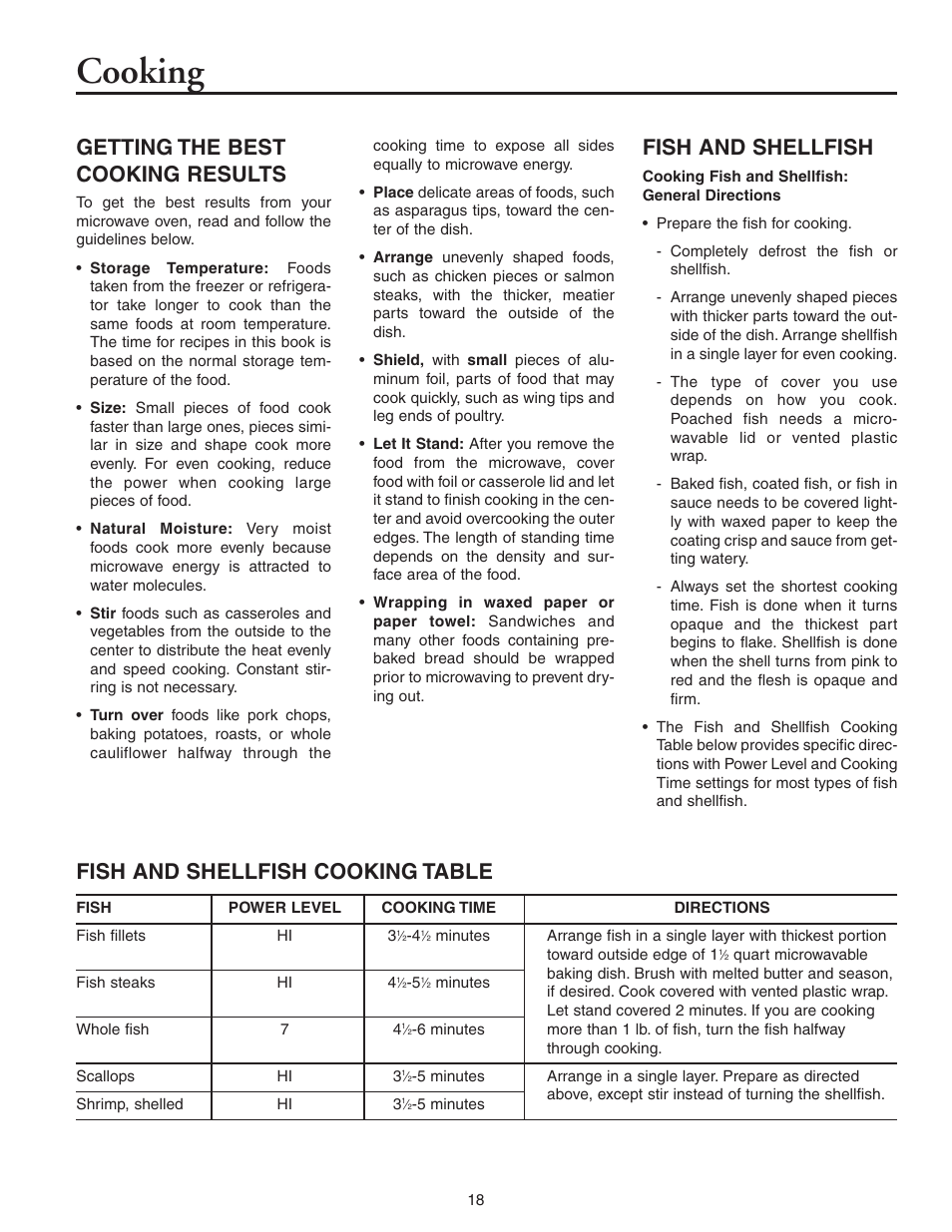 Cooking, Getting the best cooking results, Fish and shellfish | Fish and shellfish cooking table | Maytag MMV5156AAB User Manual | Page 18 / 84