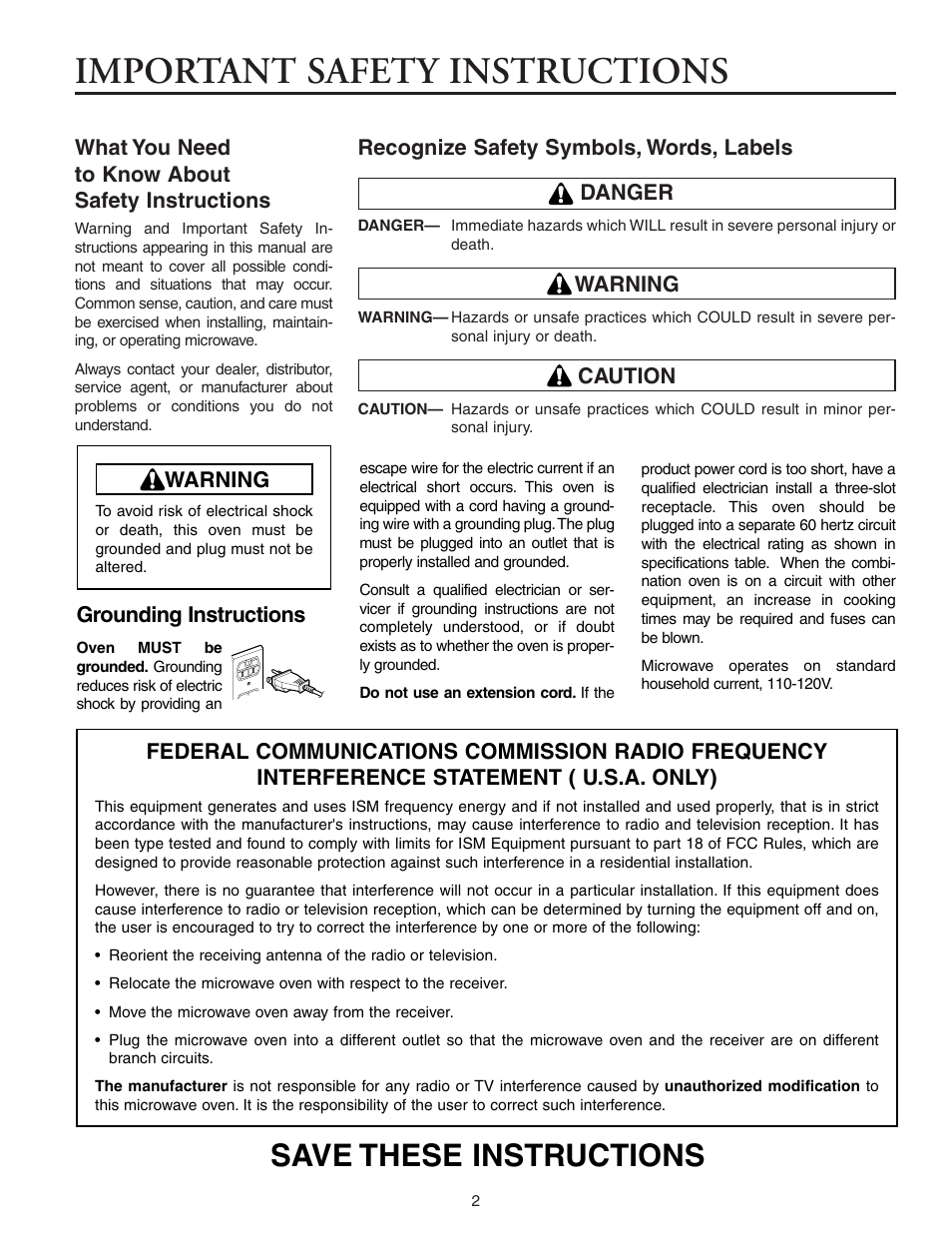 Important safety instructions, Save these instructions | Maytag MMV5156AAB User Manual | Page 2 / 84
