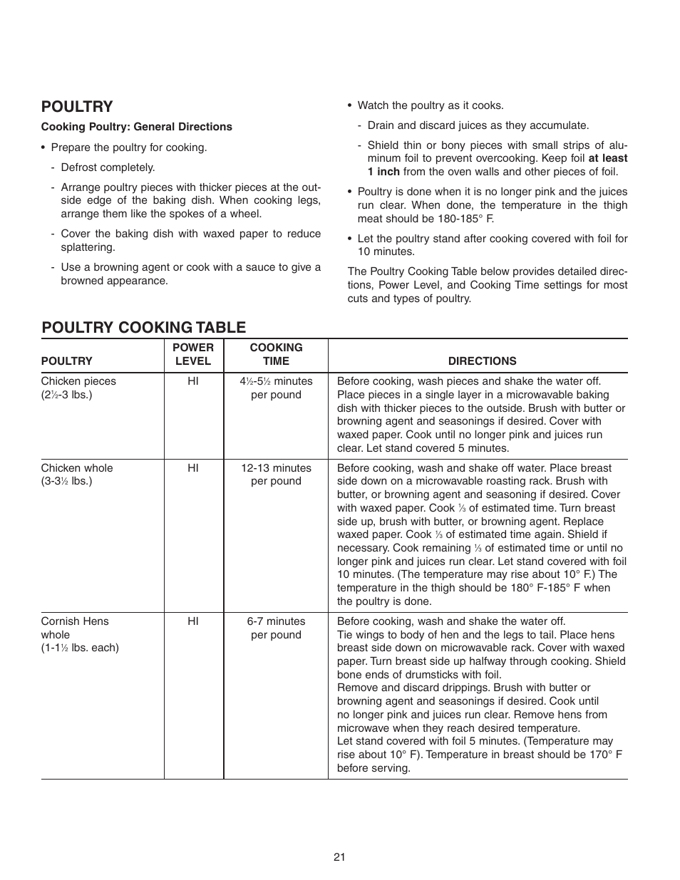 Poultry, Poultry cooking table | Maytag MMV5156AAB User Manual | Page 21 / 84