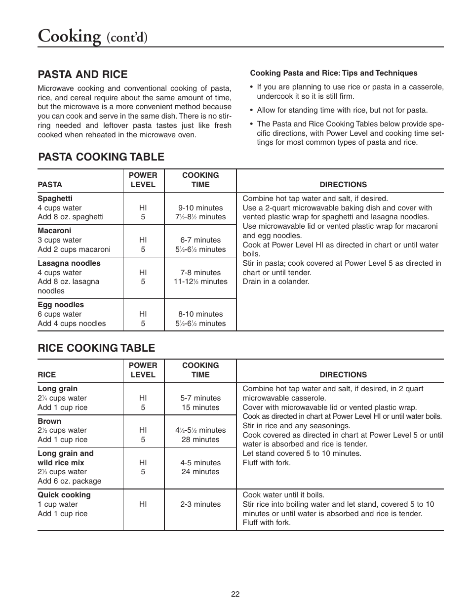Cooking, Cont’d), Pasta and rice | Rice cooking table, Pasta cooking table | Maytag MMV5156AAB User Manual | Page 22 / 84