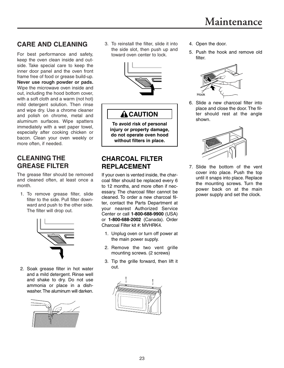 Maintenance, Care and cleaning, Cleaning the grease filter | Caution charcoal filter replacement | Maytag MMV5156AAB User Manual | Page 23 / 84