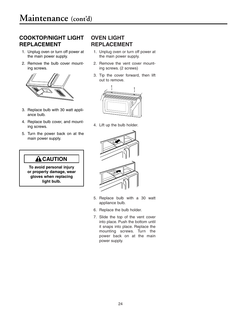 Maintenance, Cont’d), Oven light replacement | Cooktop/night light replacement, Caution | Maytag MMV5156AAB User Manual | Page 24 / 84