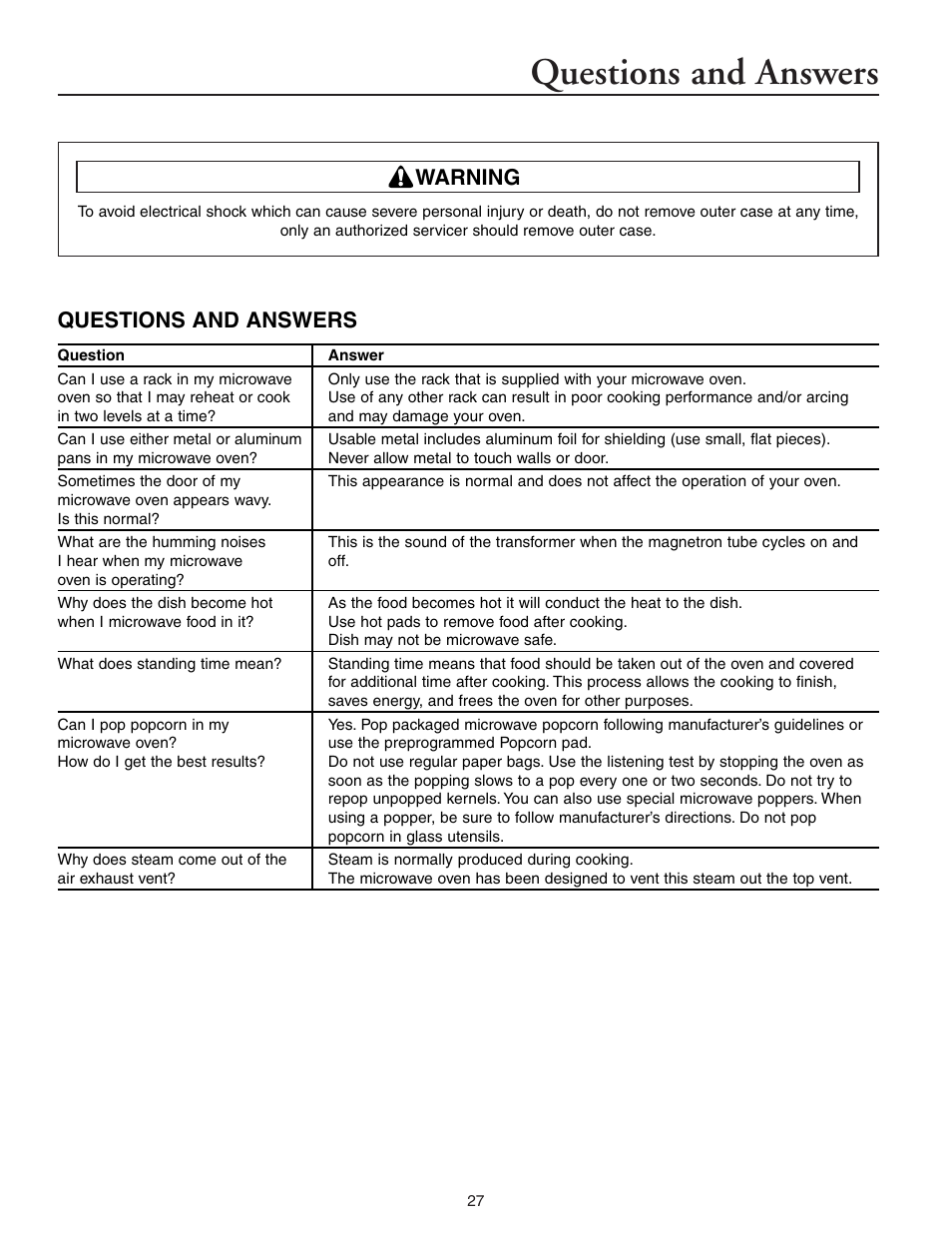 Questions and answers, Warning | Maytag MMV5156AAB User Manual | Page 27 / 84