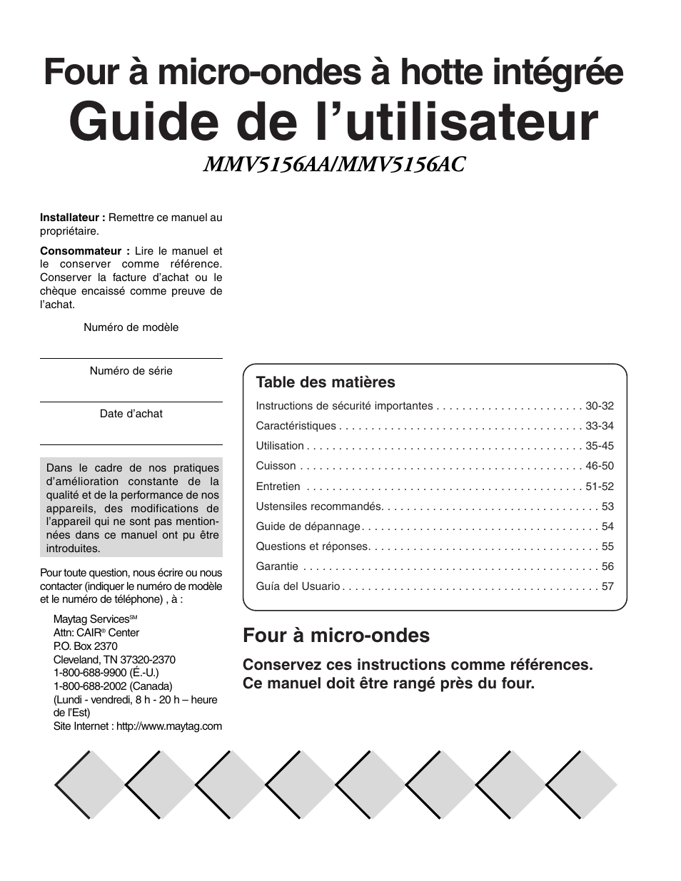 Guide de l’utilisateur, Four à micro-ondes à hotte intégrée, Four à micro-ondes | Maytag MMV5156AAB User Manual | Page 29 / 84