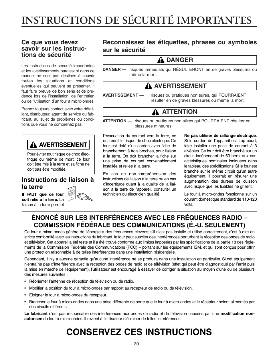 Instructions de sécurité importantes, Conservez ces instructions, Avertissement | Attention, Avertissement instructions de liaison à la terre | Maytag MMV5156AAB User Manual | Page 30 / 84