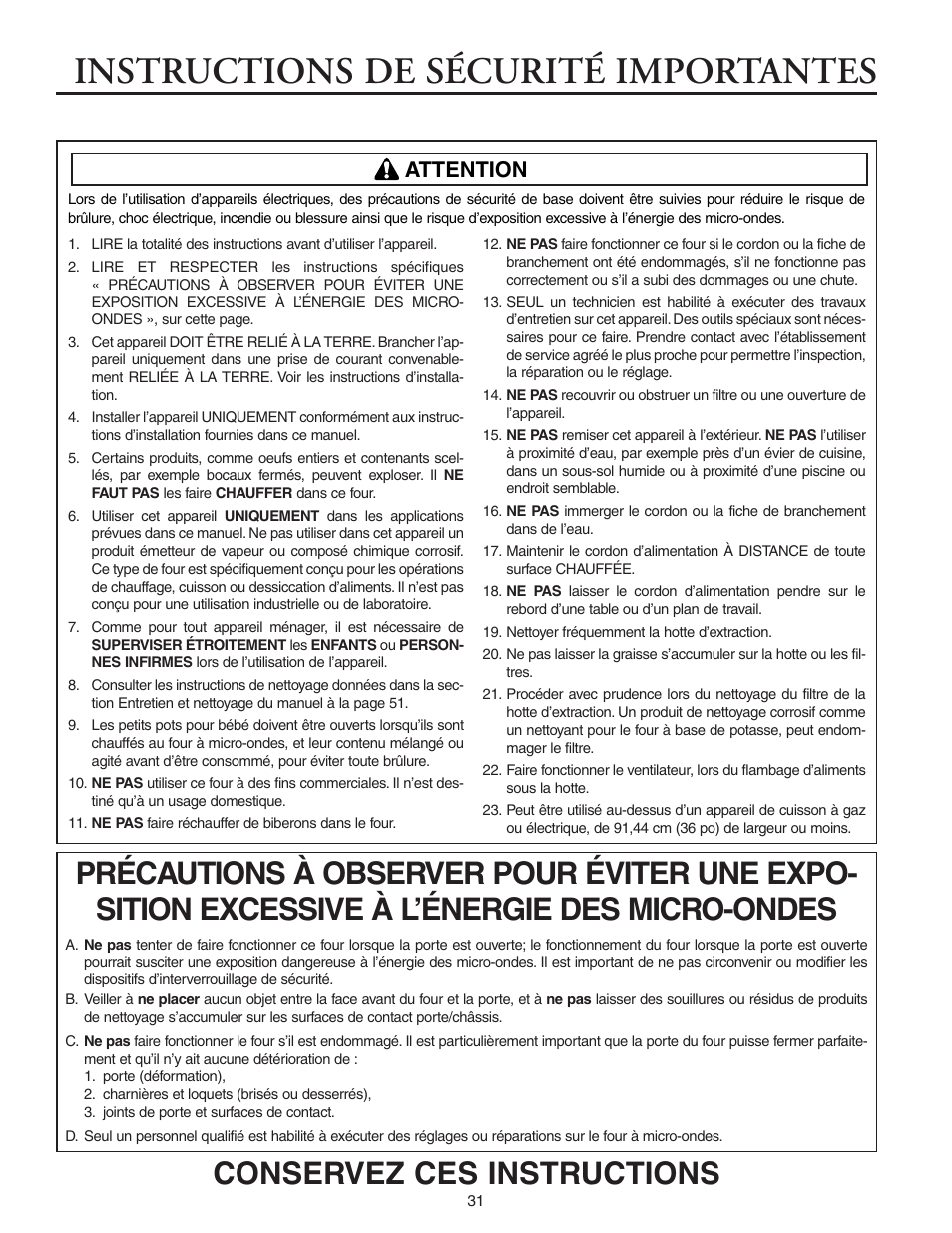 Instructions de sécurité importantes, Conservez ces instructions, Attention | Maytag MMV5156AAB User Manual | Page 31 / 84