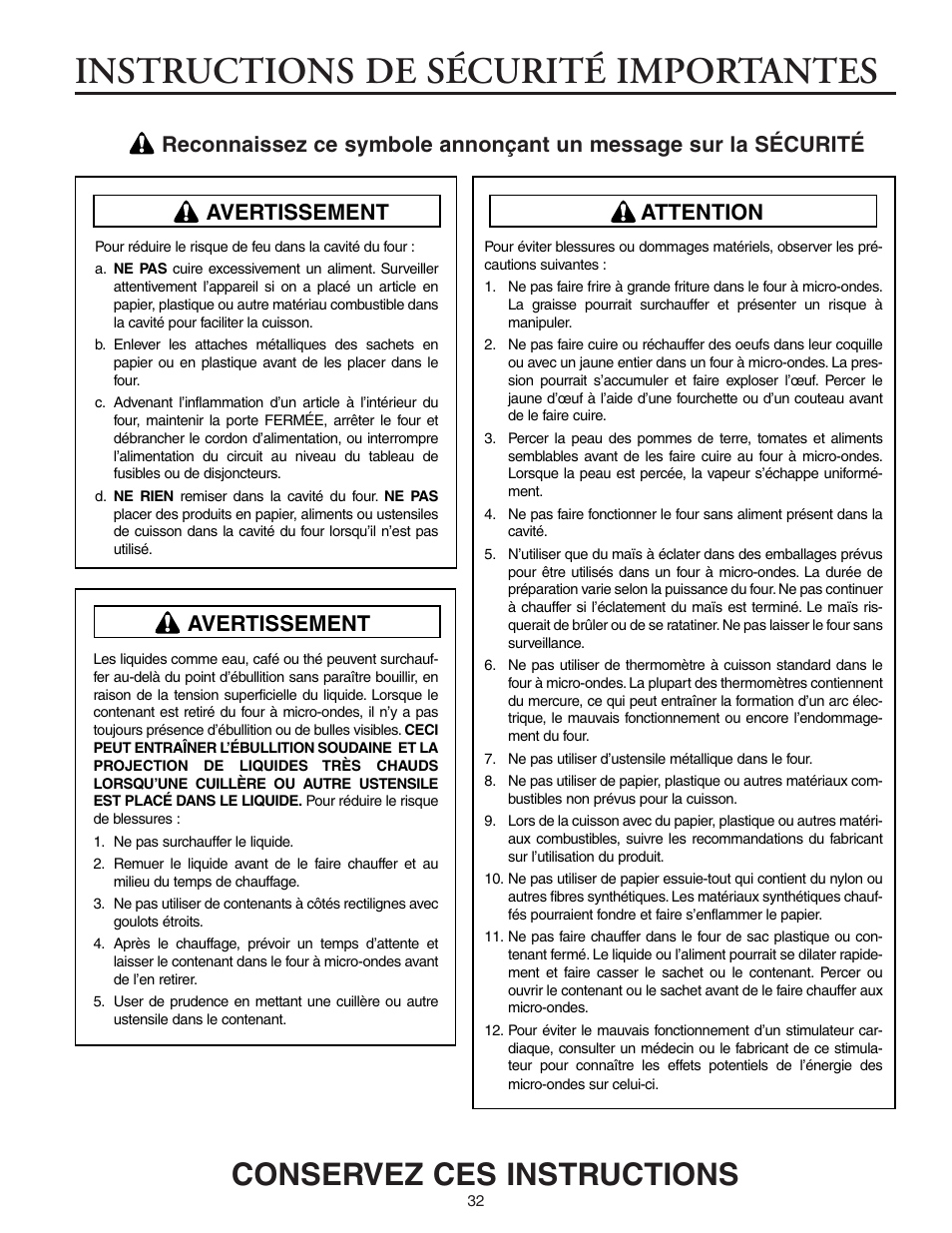 Instructions de sécurité importantes, Conservez ces instructions, Attention | Avertissement | Maytag MMV5156AAB User Manual | Page 32 / 84