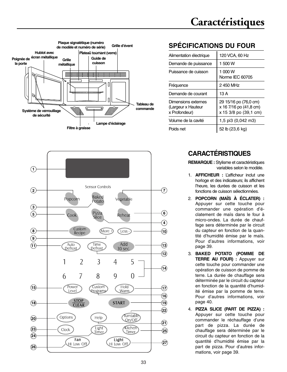 Caractéristiques, Spécifications du four | Maytag MMV5156AAB User Manual | Page 33 / 84