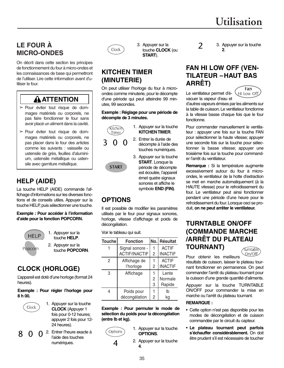 Utilisation, Le four à micro-ondes, Attention help (aide) | Clock (horloge), Kitchen timer (minuterie), Options, Fan hi low off (ven- tilateur – haut bas arrêt) | Maytag MMV5156AAB User Manual | Page 35 / 84